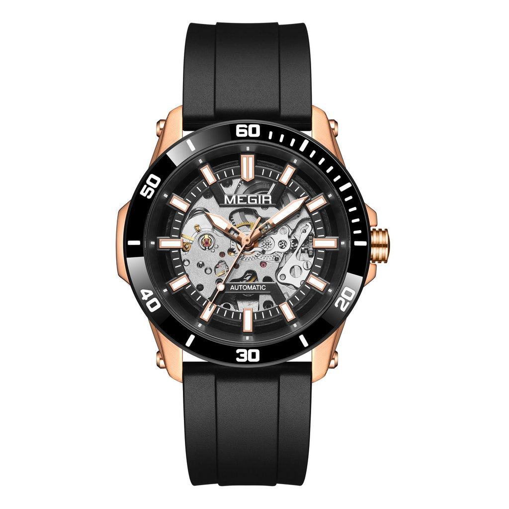 MEGIR 8605 skeleton automatic watch, rose-gold case, black bezel, openwork dial and black strap, front view