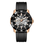 MEGIR 8605 skeleton automatic watch, rose-gold case, black bezel, openwork dial and black strap, front view