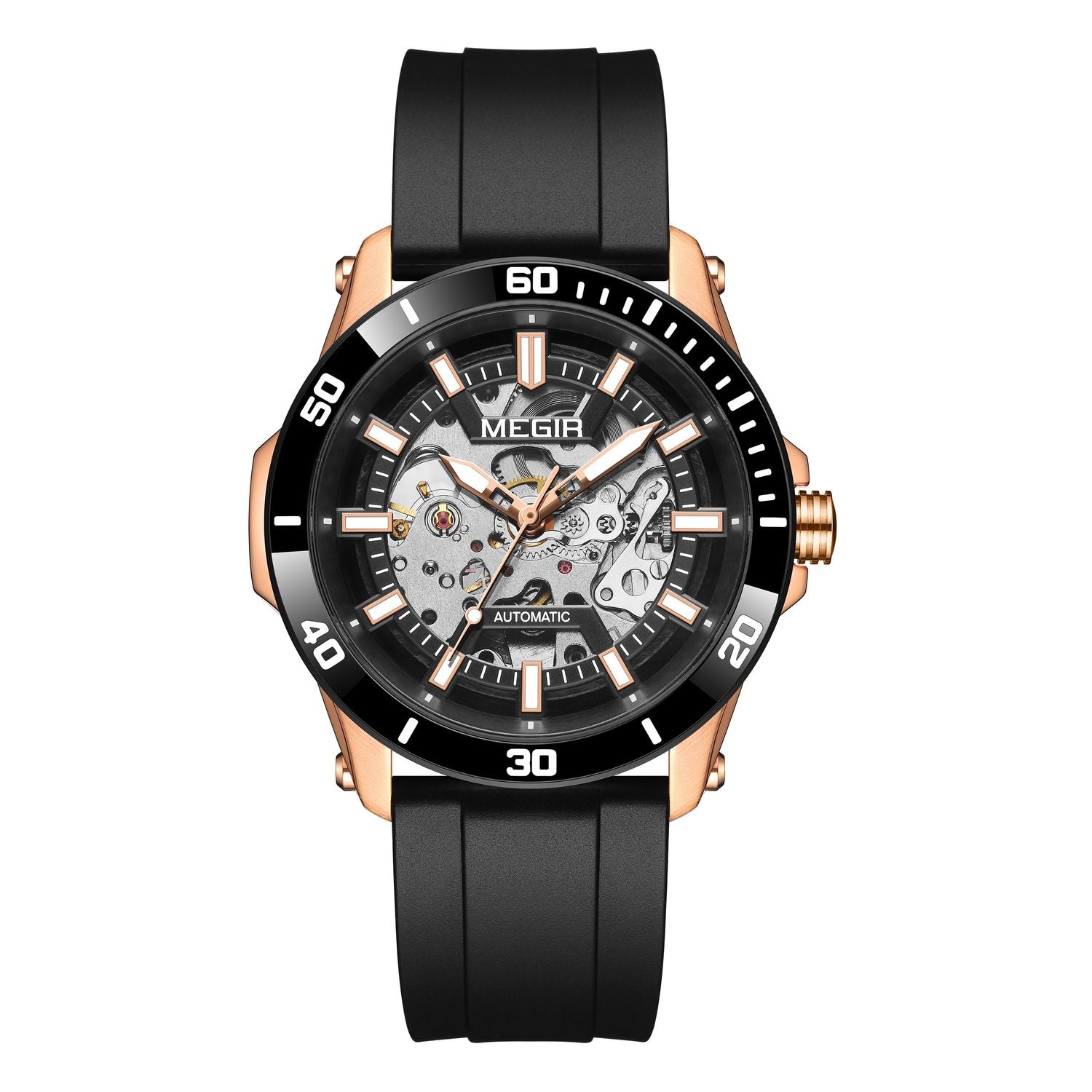MEGIR 8605 skeleton automatic watch, rose-gold case, black bezel, openwork dial and black strap, front view