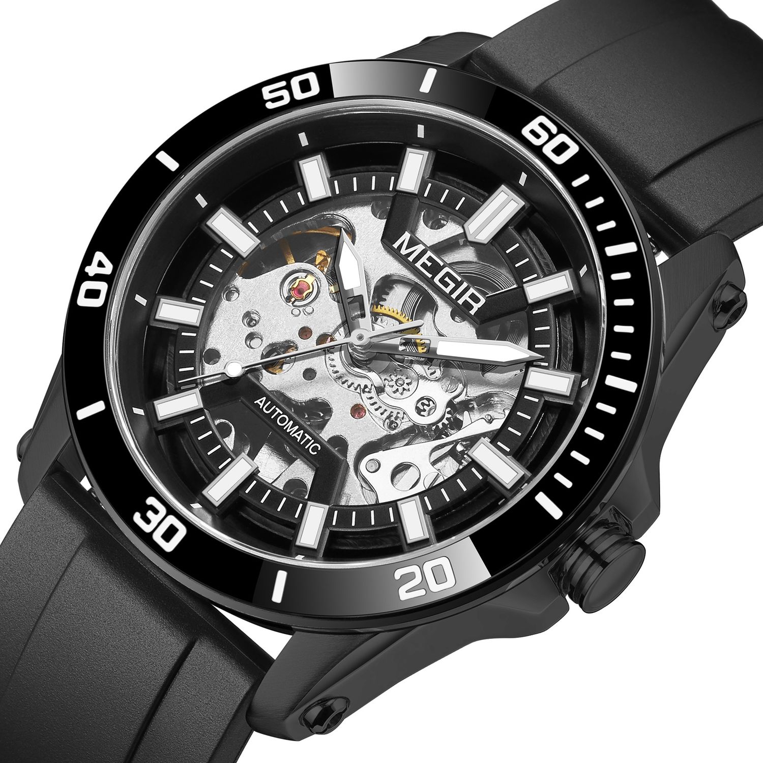 MEGIR 8605 skeleton automatic watch, silver case, black bezel and black strap, angled view