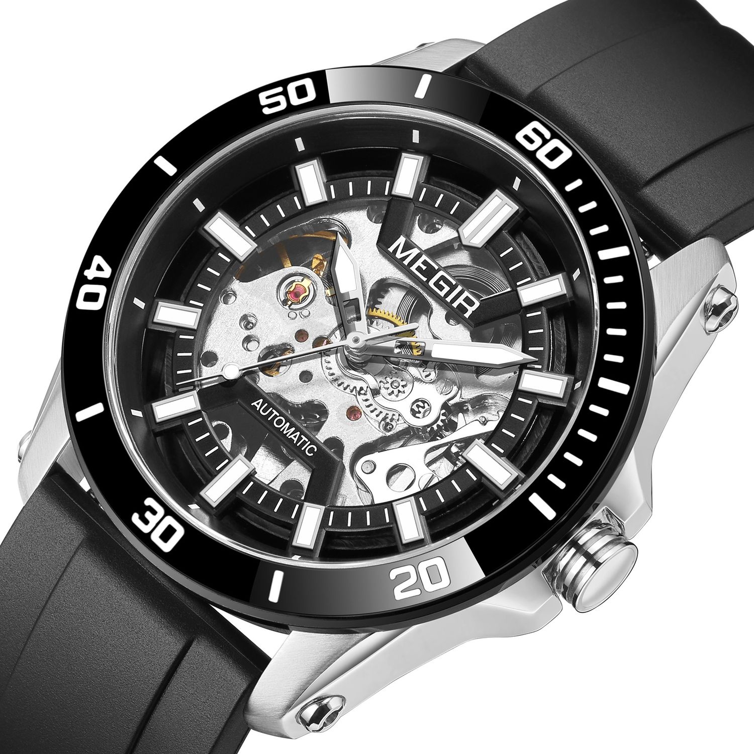 MEGIR 8605 skeleton automatic watch, silver case, black bezel, openwork dial and black strap, front view