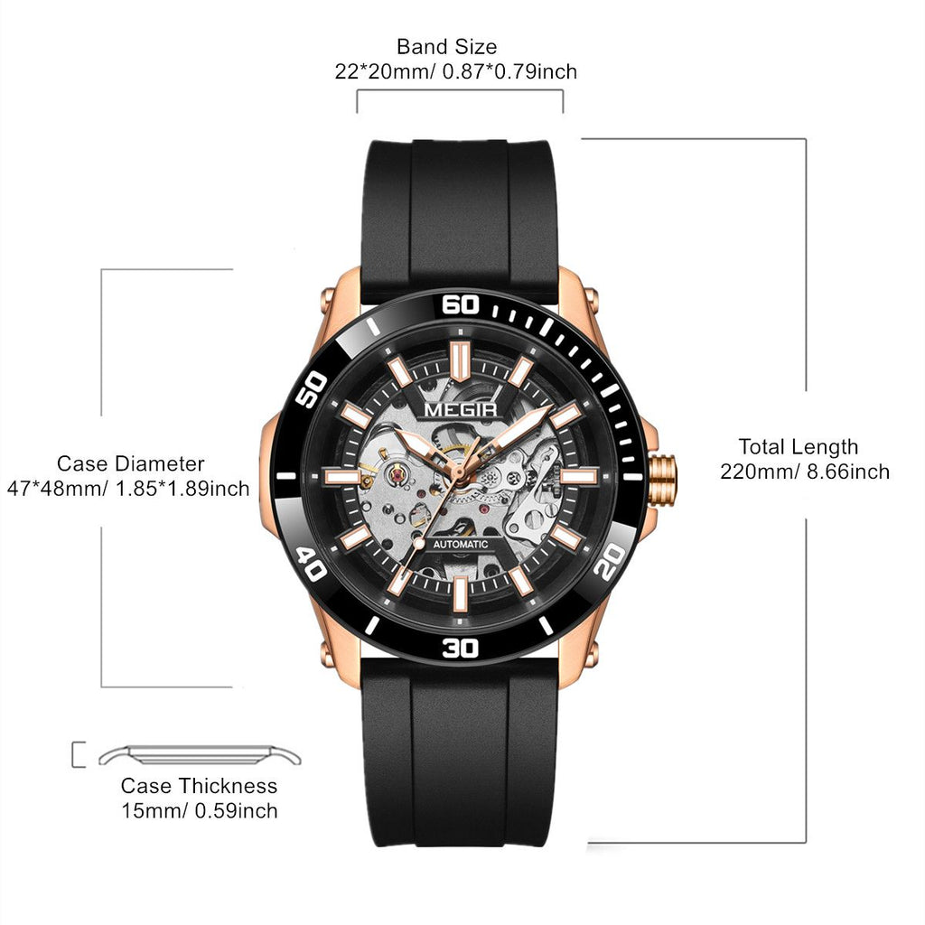 MEGIR 8605 skeleton automatic watch size chart with case and strap measurements, rose-gold model