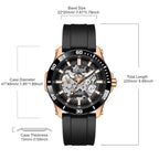 MEGIR 8605 skeleton automatic watch size chart with case and strap measurements, rose-gold model