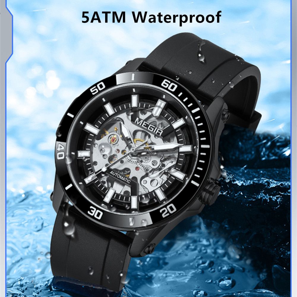 MEGIR 8605 skeleton automatic watch, 5ATM waterproof feature graphic, black model
