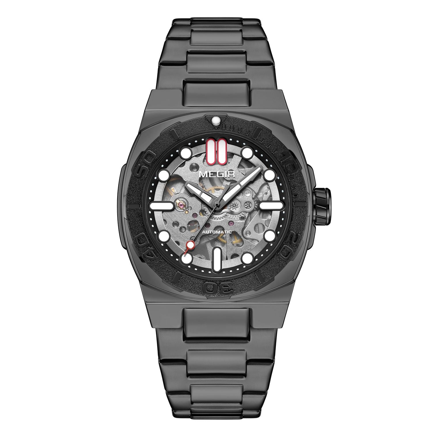 MEGIR 8606 skeleton automatic watch, gunmetal case, black bezel, openwork dial and dark bracelet, front view