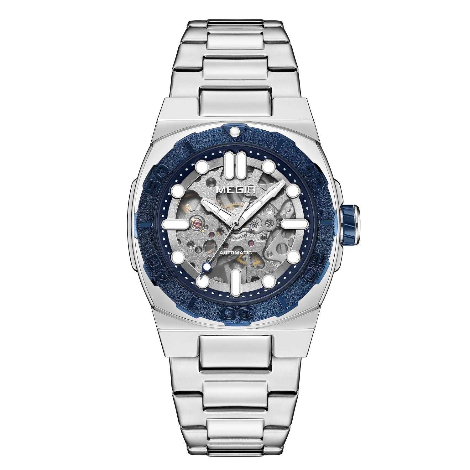 MEGIR 8606 skeleton automatic watch, silver case, blue bezel, openwork dial and steel bracelet, front view
