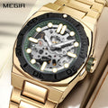 MEGIR 8606 men's skeleton automatic watch, gold case, black bezel, openwork dial and gold steel bracelet, front