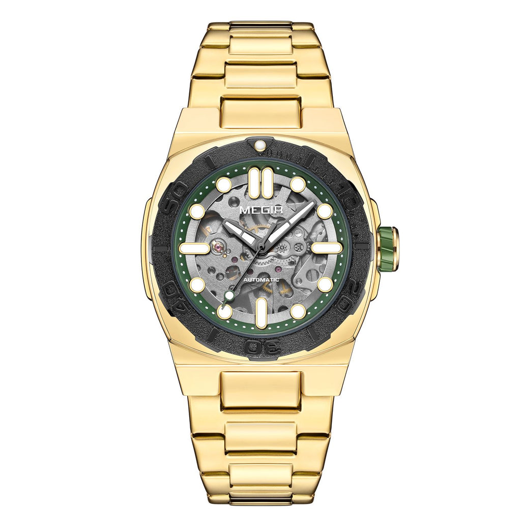 MEGIR 8606 skeleton automatic watch, gold case, black bezel with green ring and gold bracelet, front view