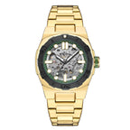MEGIR 8606 skeleton automatic watch, gold case, black bezel with green ring and gold bracelet, front view