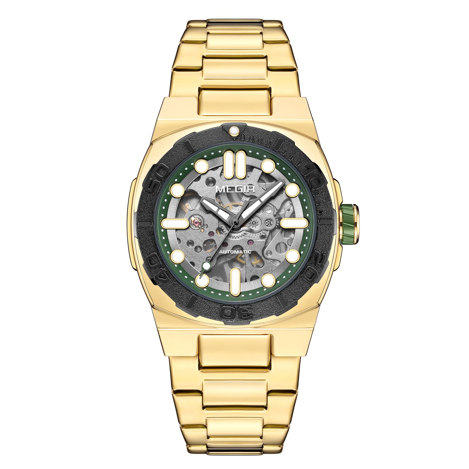 MEGIR 8606 skeleton automatic watch, gold case, black bezel with green ring and gold bracelet, front view