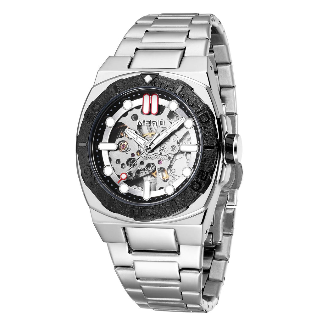 MEGIR 8606 skeleton automatic watch, silver case, black bezel and steel bracelet, angled view