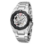 MEGIR 8606 skeleton automatic watch, silver case, black bezel and steel bracelet, angled view