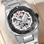 MEGIR 8606 skeleton automatic watch, silver case, black bezel and steel bracelet, close-up beauty shot