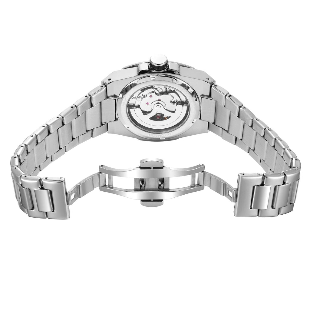 MEGIR 8606 skeleton automatic watch caseback with exhibition window and steel bracelet spread open