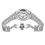 MEGIR 8606 skeleton automatic watch caseback with exhibition window and steel bracelet spread open