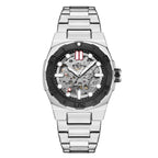 MEGIR 8606 skeleton automatic watch, silver case, black bezel and steel bracelet, straight front view