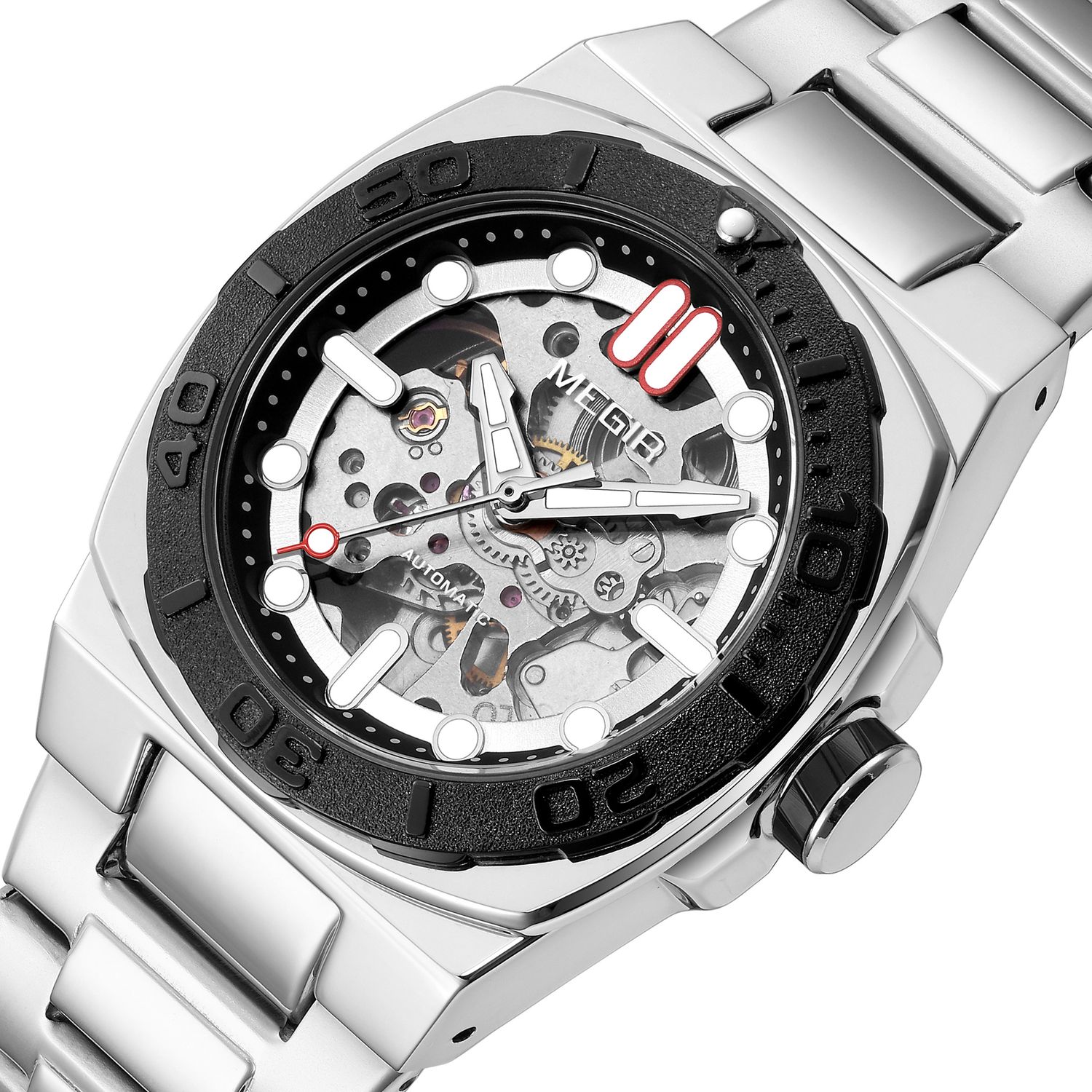 MEGIR 8606 skeleton automatic watch, silver case, black bezel, openwork dial and steel bracelet, front view
