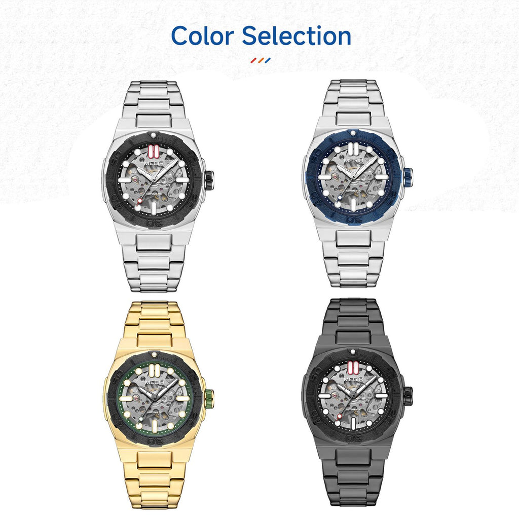 MEGIR 8606 skeleton automatic watch shown in silver, blue, gold and black bezel options
