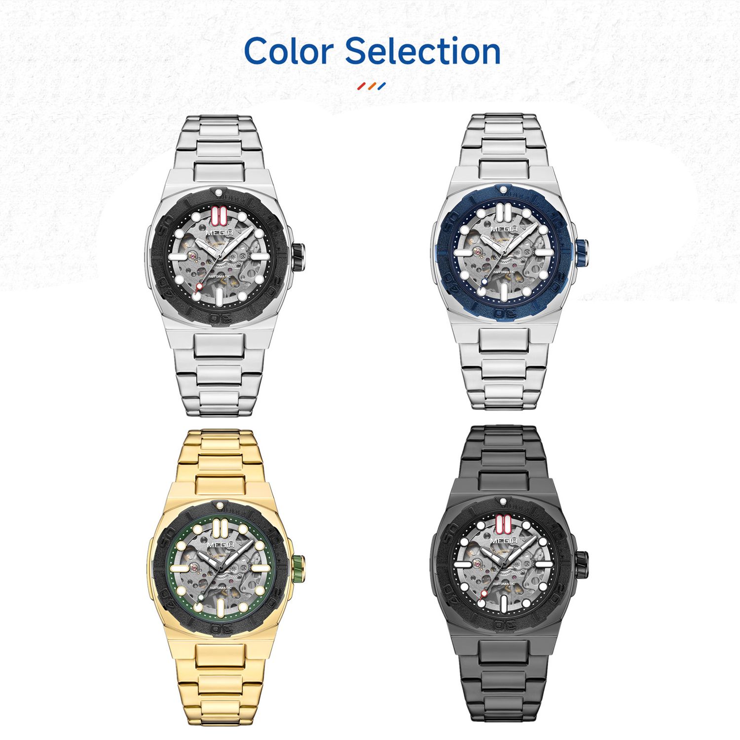MEGIR 8606 skeleton automatic watch shown in silver, blue, gold and black bezel options