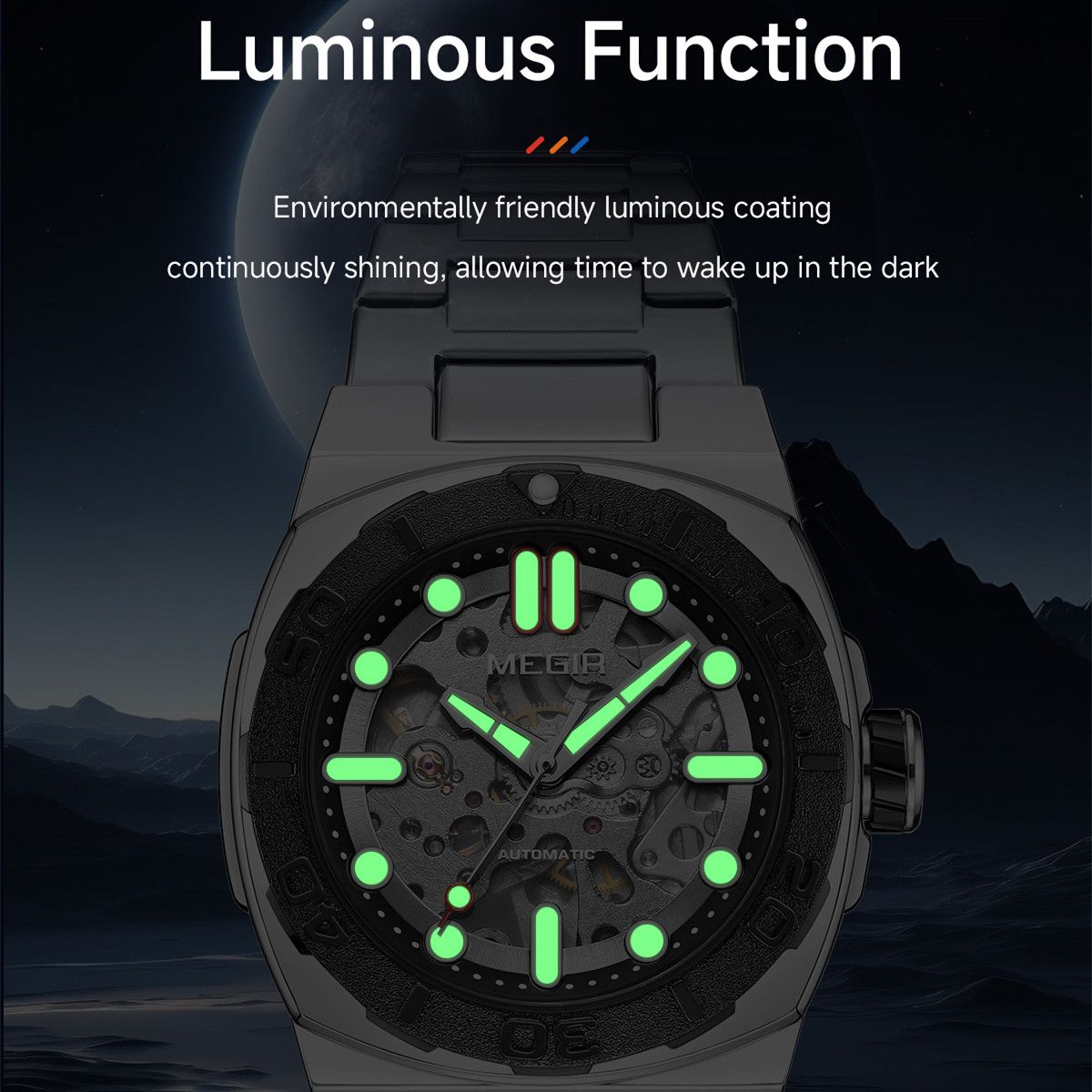 MEGIR 8606 skeleton automatic watch with luminous hands and markers glowing in the dark