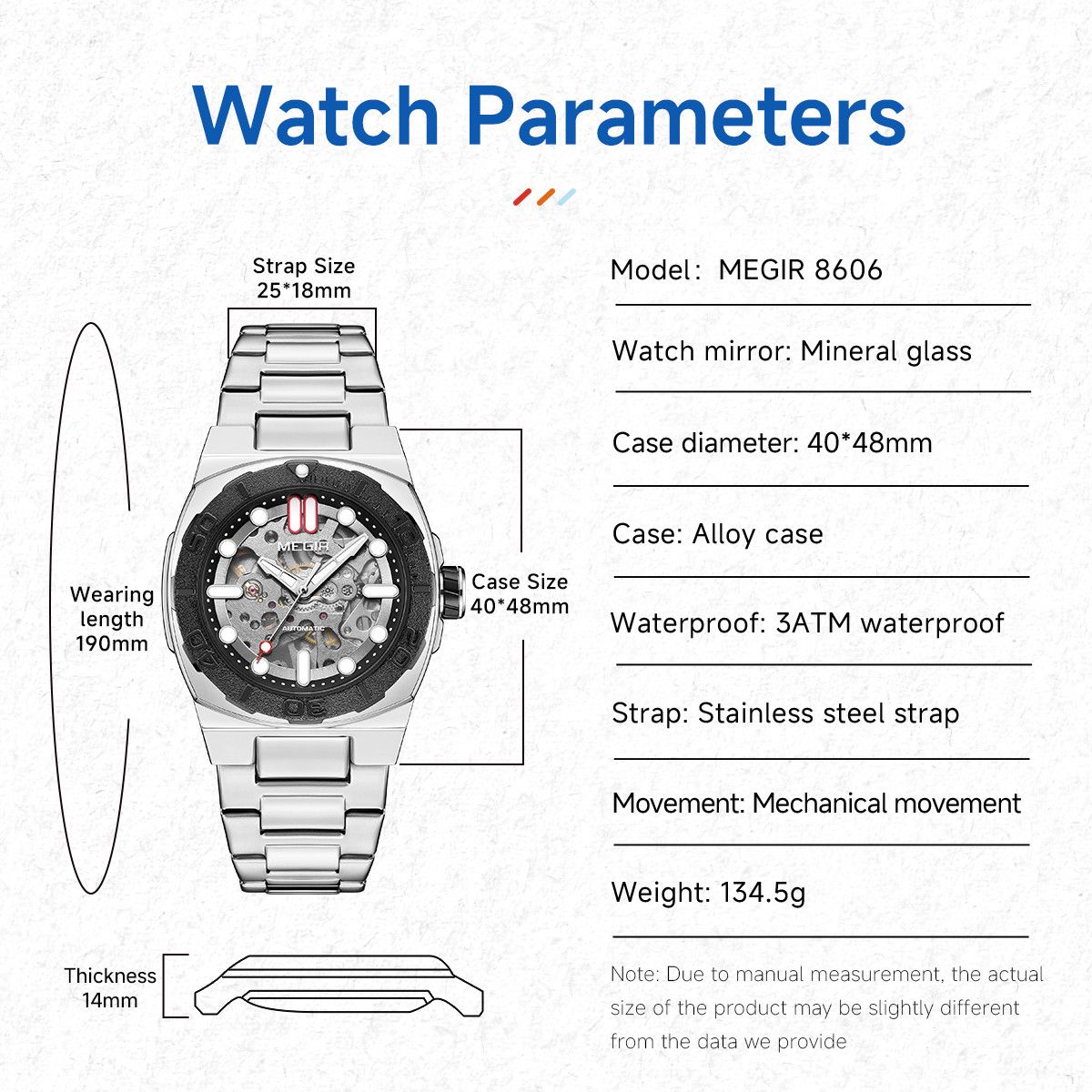 MEGIR 8606 skeleton automatic watch parameter chart with case and bracelet measurements, silver model