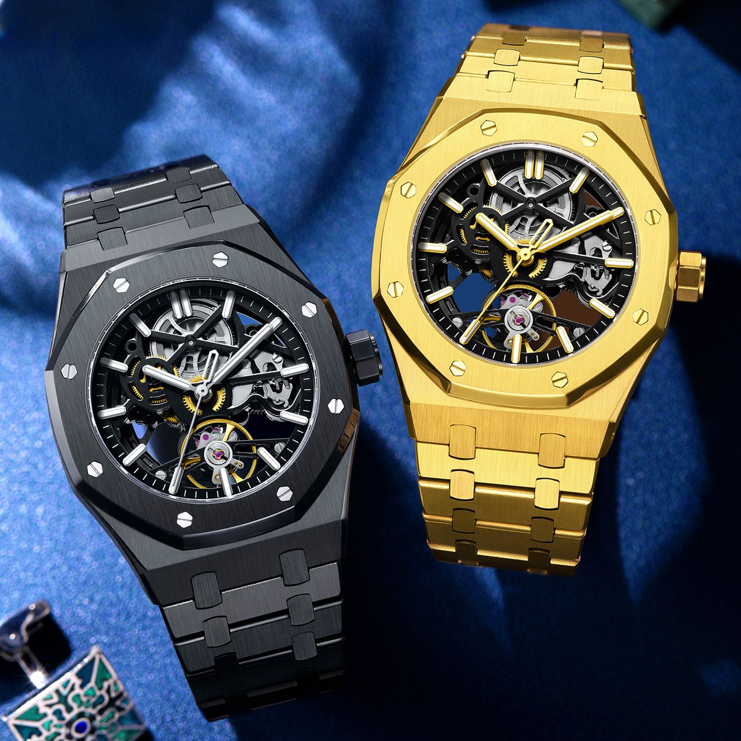 MEGIR 9005-4 skeleton automatic watch pair in black and gold, beauty shot