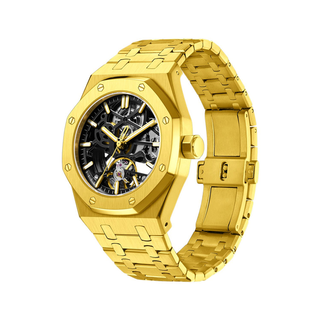 MEGIR 9005-4 skeleton automatic watch, gold octagonal case and integrated gold bracelet, angled view