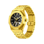 MEGIR 9005-4 skeleton automatic watch, gold octagonal case and integrated gold bracelet, angled view