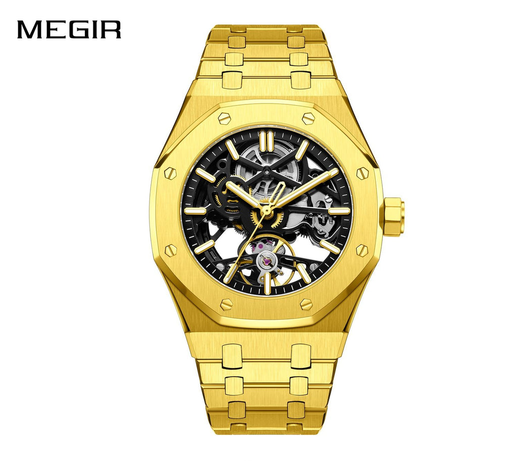 MEGIR 9005-4 men's skeleton automatic watch, gold octagonal case, openwork dial and integrated gold bracelet, front