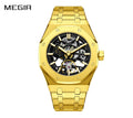 MEGIR 9005-4 men's skeleton automatic watch, gold octagonal case, openwork dial and integrated gold bracelet, front