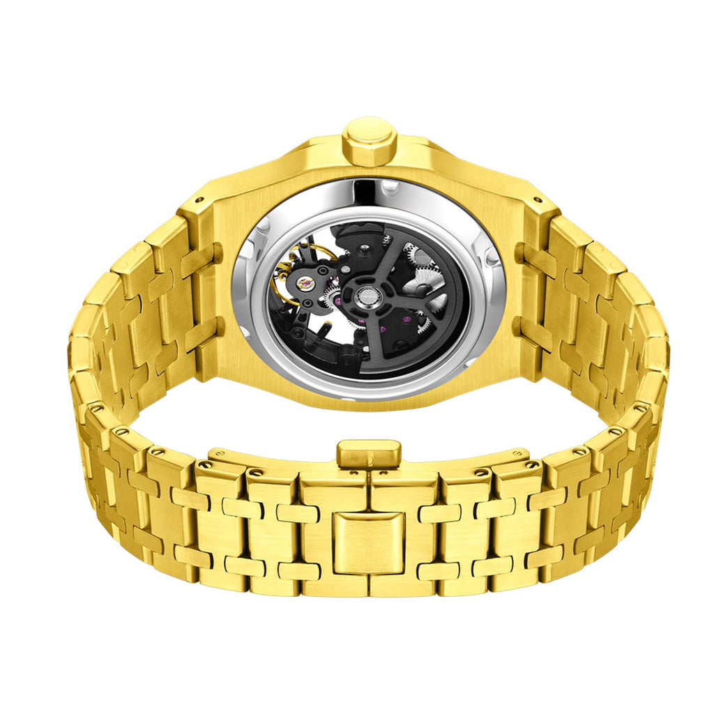 MEGIR 9005-4 skeleton automatic watch caseback with exhibition window, gold case and bracelet