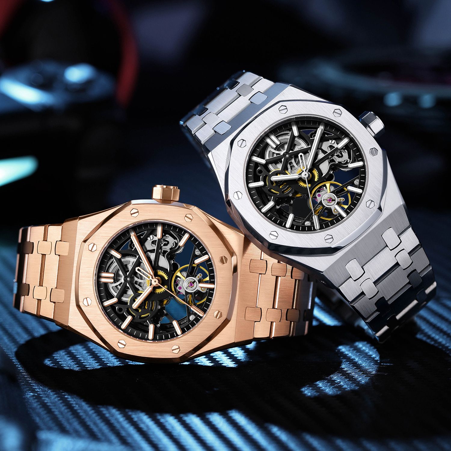 MEGIR 9005-4 skeleton automatic watch pair in rose-gold and silver, beauty shot