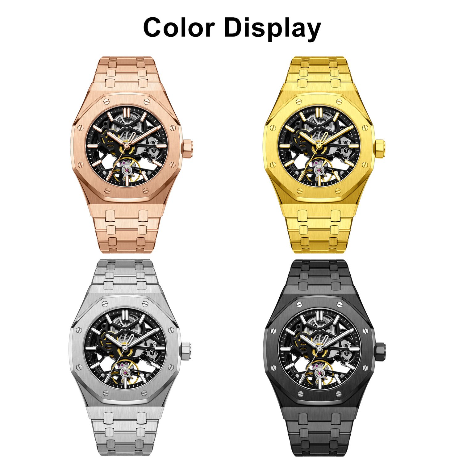 MEGIR 9005-4 skeleton automatic watch shown in rose-gold, gold, silver and black options