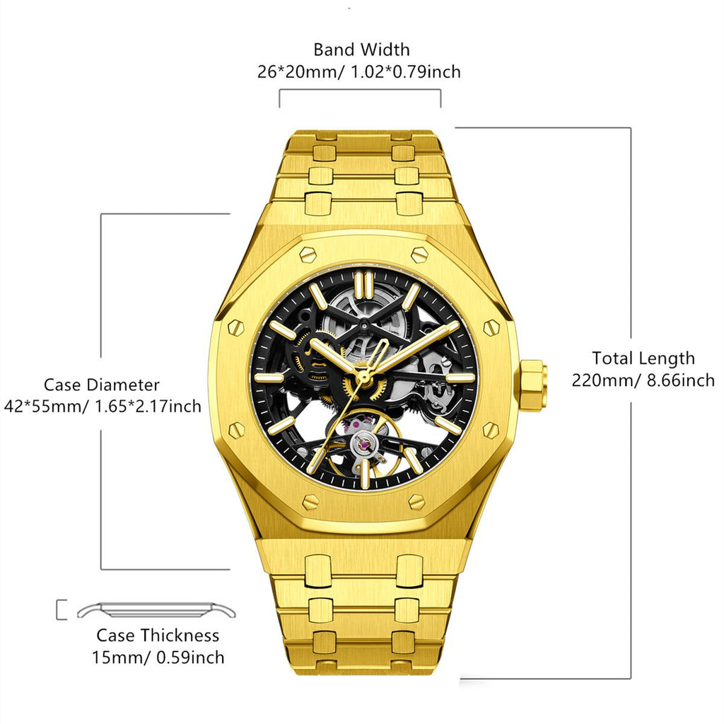MEGIR 9005-4 skeleton automatic watch size chart with case and bracelet measurements, gold model