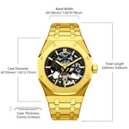 MEGIR 9005-4 skeleton automatic watch size chart with case and bracelet measurements, gold model
