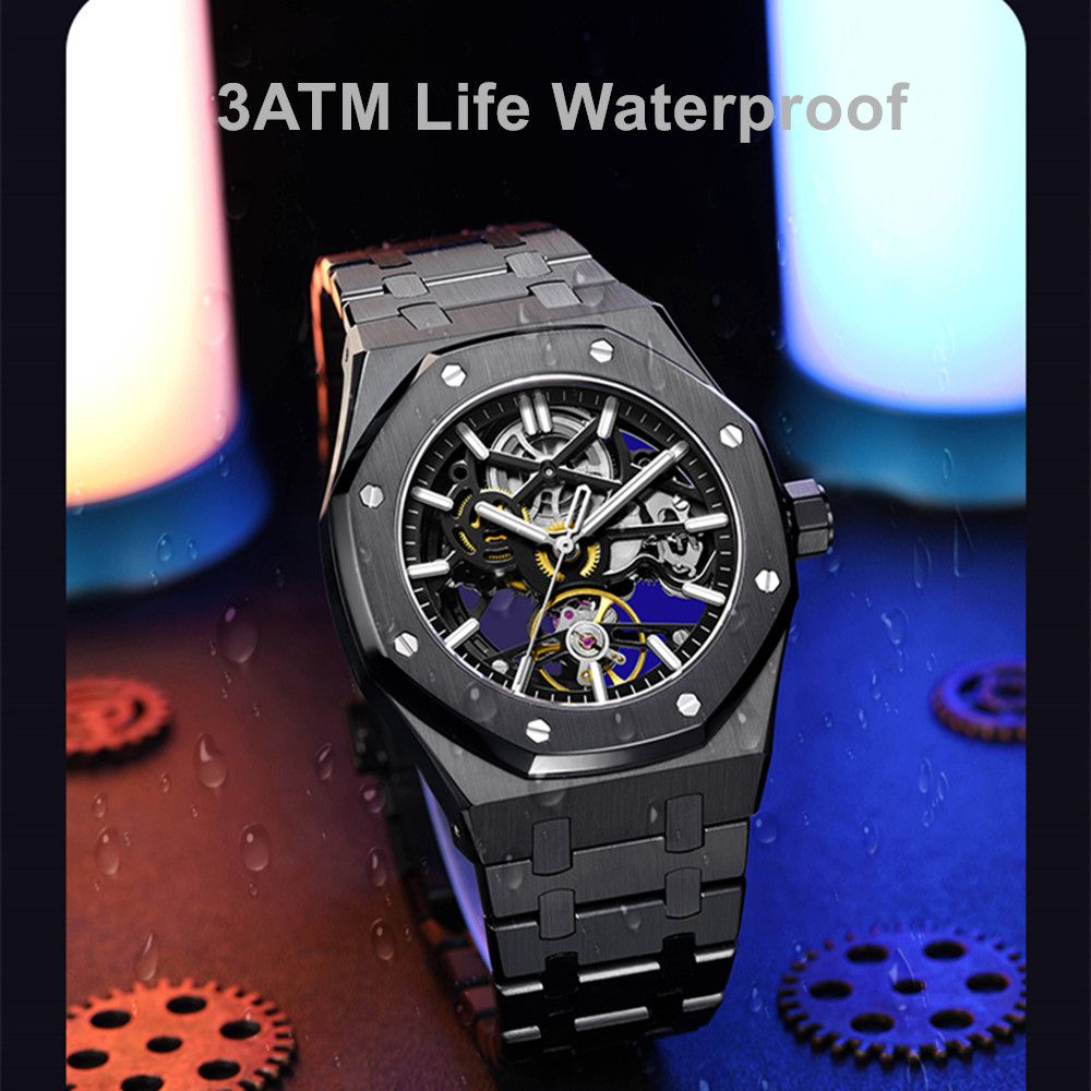 MEGIR 9005-4 skeleton automatic watch, 3ATM life-waterproof feature graphic, black model