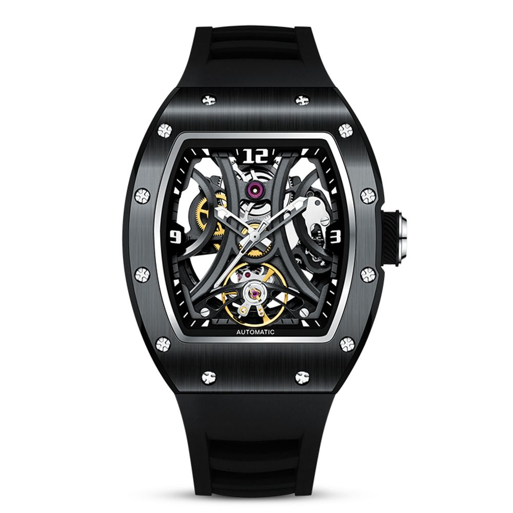 MEGIR 9190-11 skeleton automatic watch, black case, spider openwork dial and black silicone strap, front view