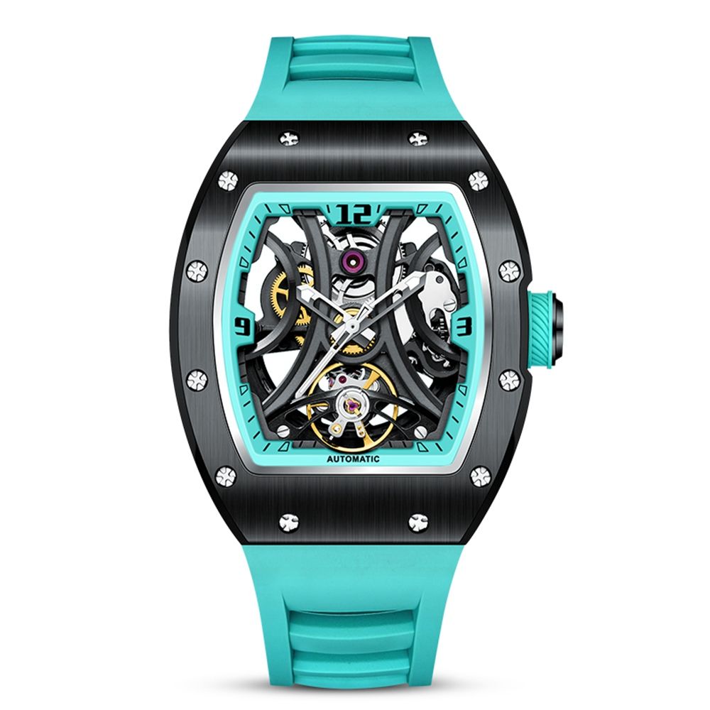 MEGIR 9190-11 skeleton automatic watch, black case, turquoise inner ring and turquoise silicone strap, front view
