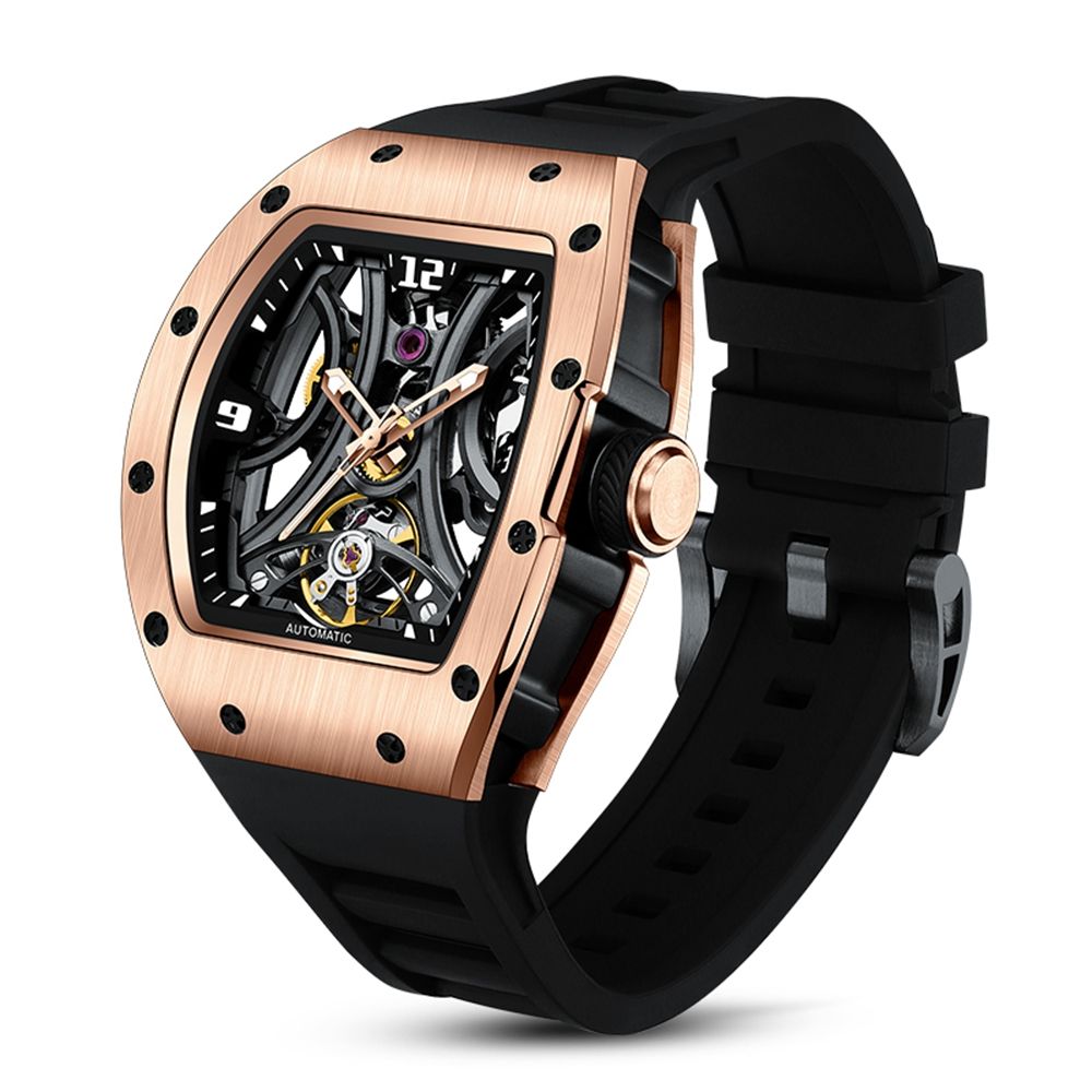 MEGIR 9190-11 skeleton automatic watch, rose-gold case and black silicone strap, angled view