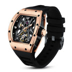 MEGIR 9190-11 skeleton automatic watch, rose-gold case and black silicone strap, angled view