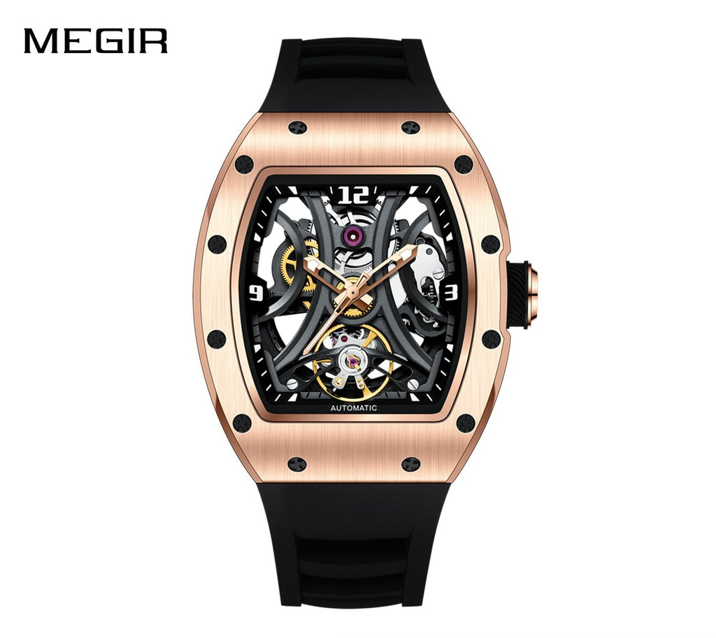MEGIR 9190-11 men's skeleton automatic watch, rose-gold case, spider openwork dial and black strap, front view