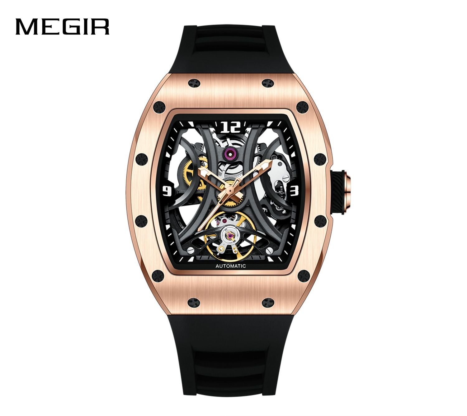 MEGIR 9190-11 men's skeleton automatic watch, rose-gold case, spider openwork dial and black strap, front view