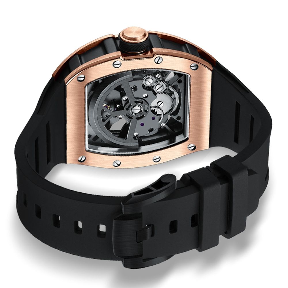 MEGIR 9190-11 skeleton automatic watch caseback with exhibition window, rose-gold case and black strap