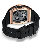 MEGIR 9190-11 skeleton automatic watch caseback with exhibition window, rose-gold case and black strap