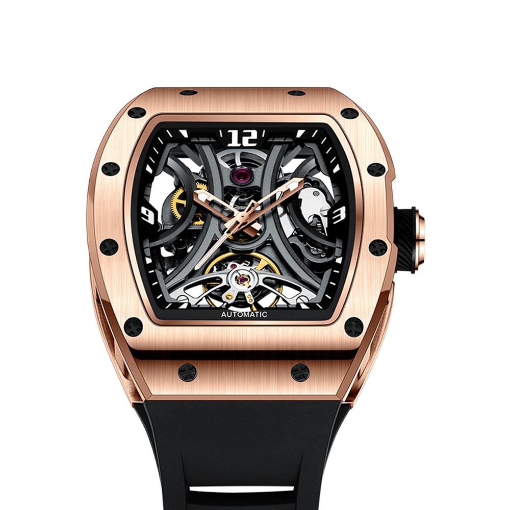 MEGIR 9190-11 skeleton automatic watch, rose-gold case, spider openwork dial and black strap, front view