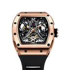 MEGIR 9190-11 skeleton automatic watch, rose-gold case, spider openwork dial and black strap, front view