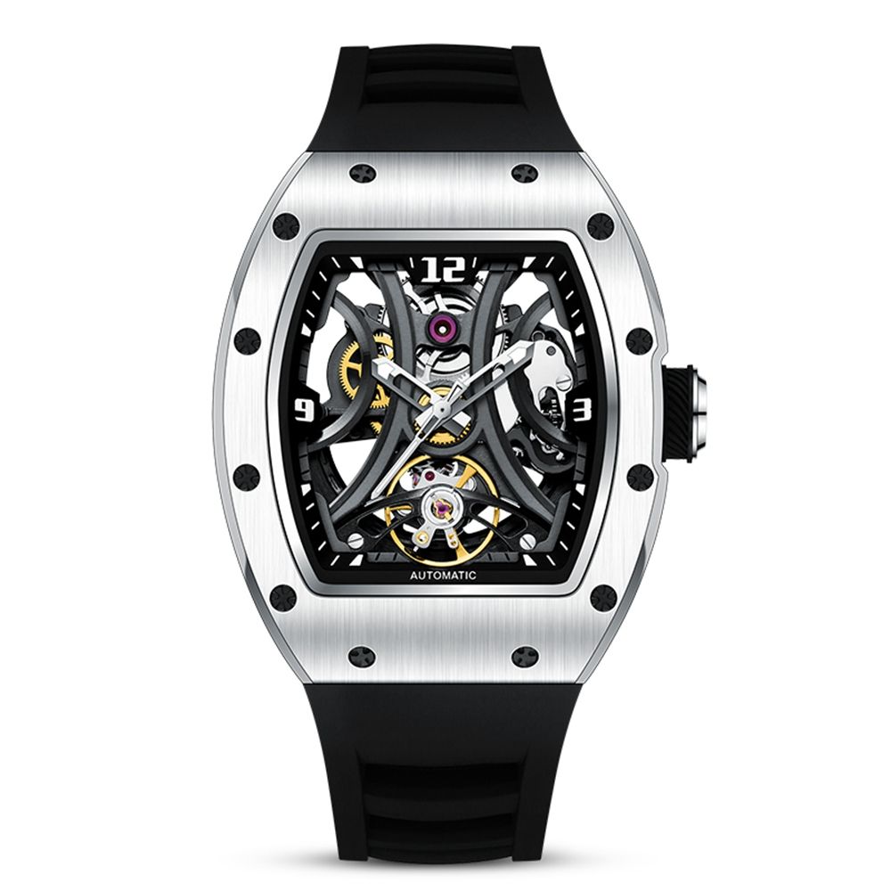 MEGIR 9190-11 skeleton automatic watch, silver case, spider openwork dial and black silicone strap, front view