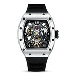 MEGIR 9190-11 skeleton automatic watch, silver case, spider openwork dial and black silicone strap, front view