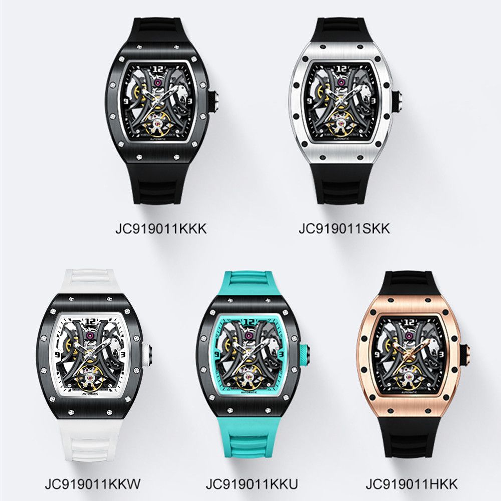 MEGIR 9190-11 skeleton automatic watch shown in five case and strap colour options