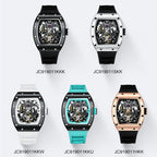MEGIR 9190-11 skeleton automatic watch shown in five case and strap colour options